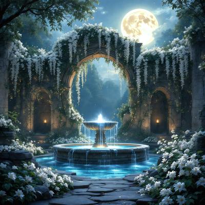Primary subject: A fountain with a large bowl, surrounded by a forest and a moonlit night.

Setting/background: The fountain is located in a forest, with a moonlit night creating a serene atmosphere.

Visual style: The image is a digital artwork, featuring a fountain and a forest at night.

Colors and mood: The colors in the image are predominantly blue and white, with the blue of the night sky and the white of the fountain and flowers. The overall mood is calm and peaceful.